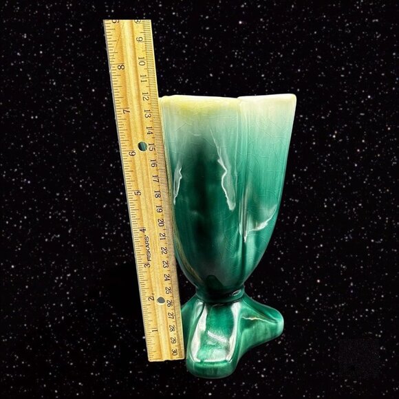 Vintage Early Pottery Vase Green Glaze Triangular Hand Made 7.25”T 4.5”W - Picture 12 of 16